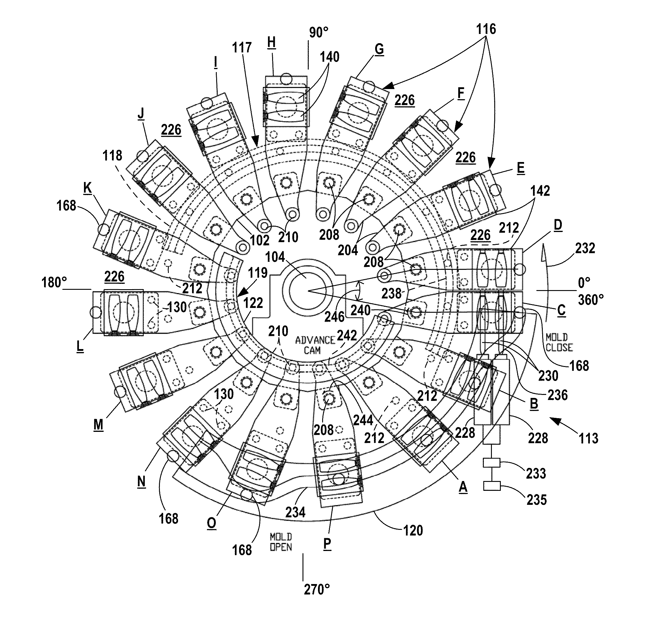 Rotary Blow Molding Machine with Movable Clamp Assemblies and Method