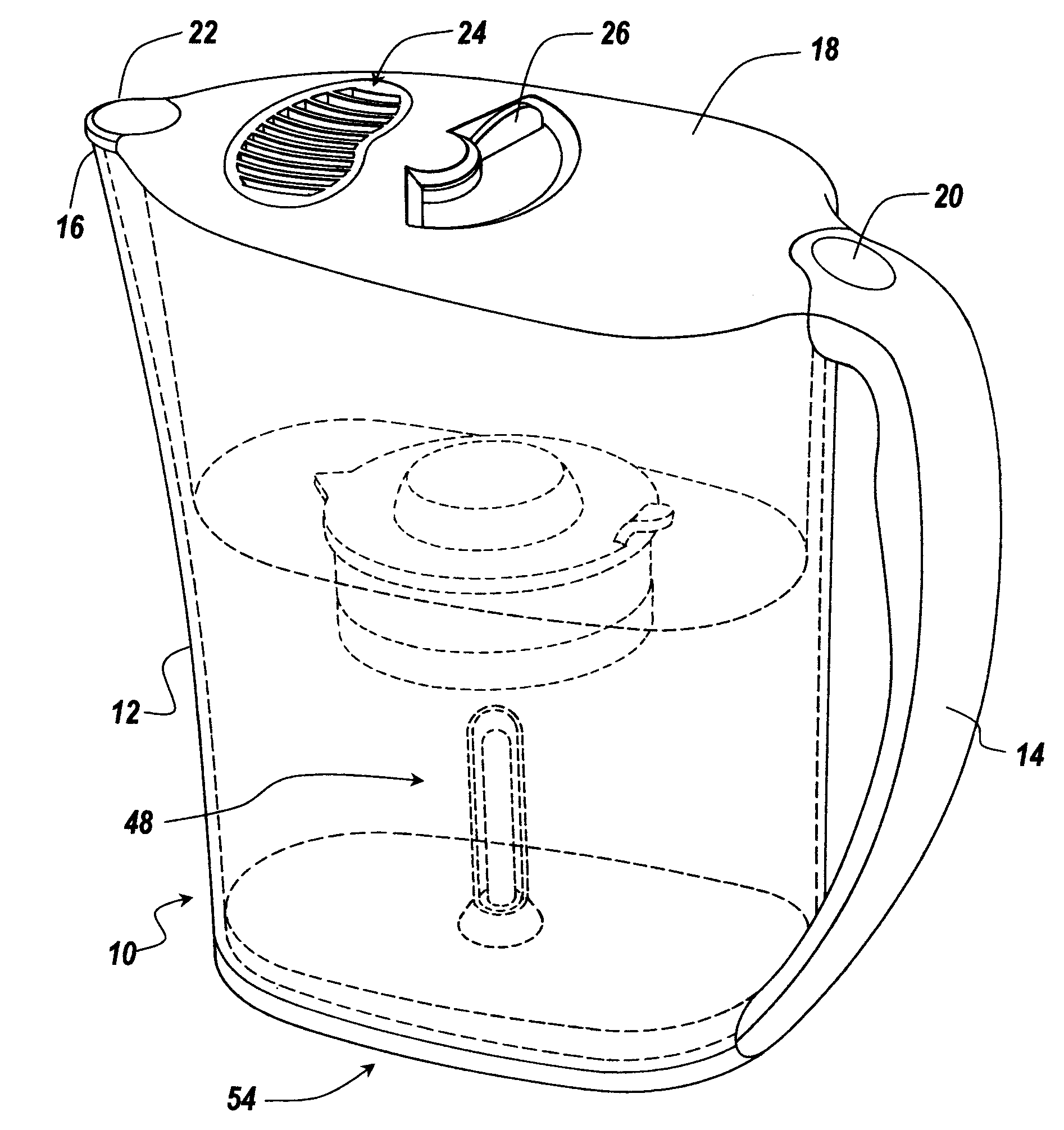 Portable, refillable water dispenser serving batches of water purified of organic and inorganic pollutants