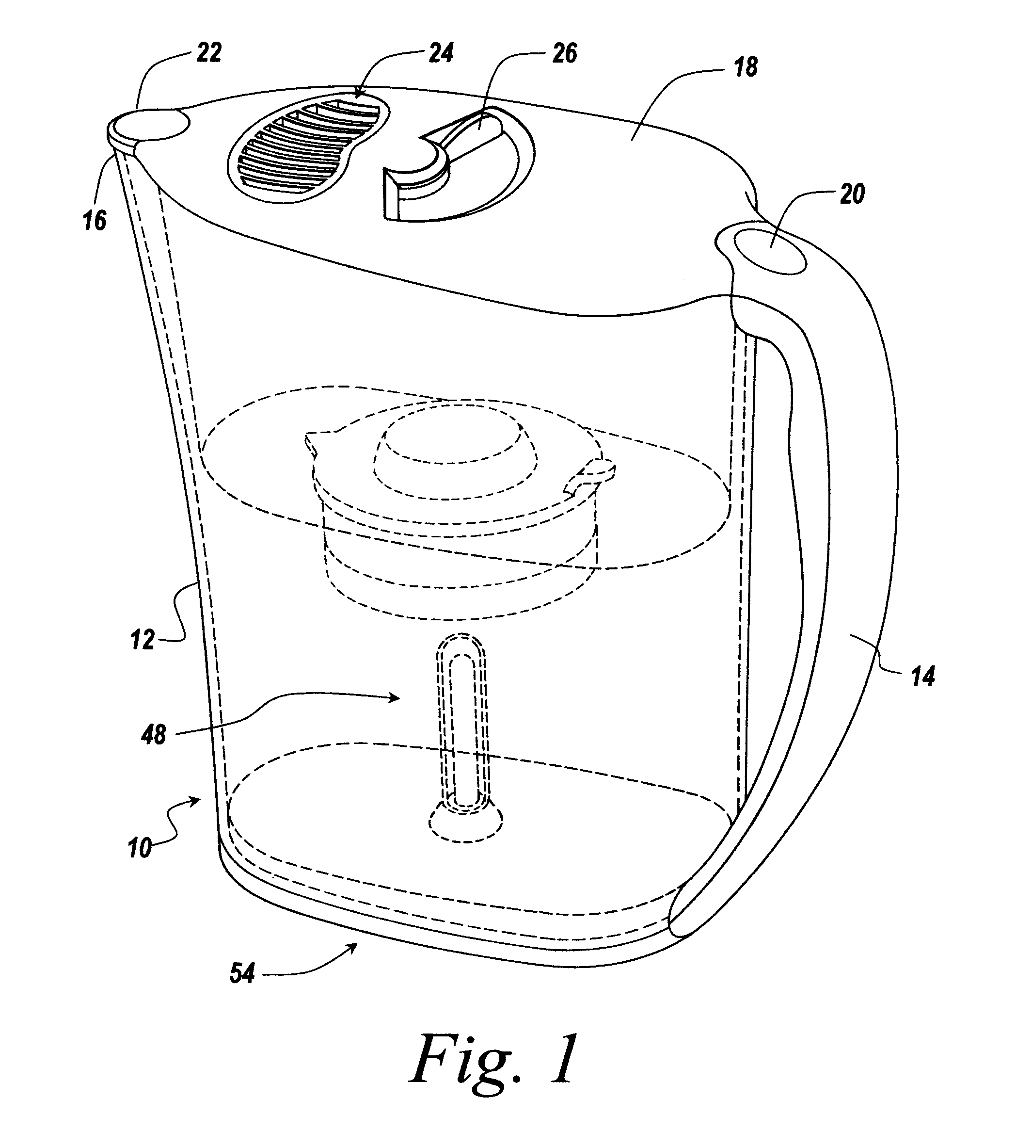 Portable, refillable water dispenser serving batches of water purified of organic and inorganic pollutants