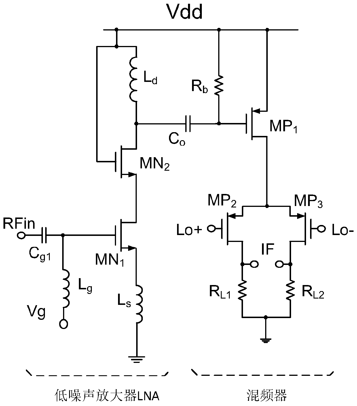 Current multiplexing radio frequency front end structure