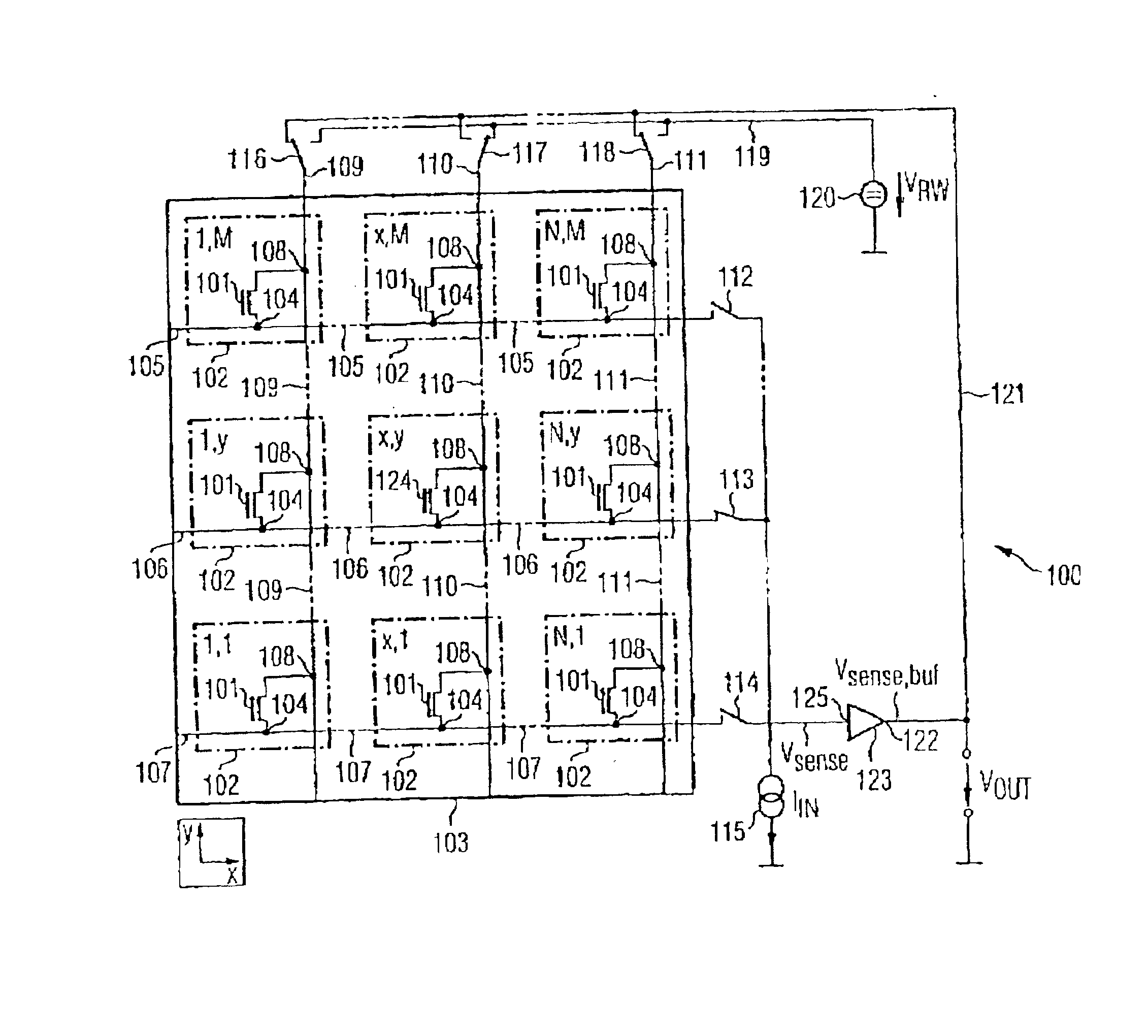 Sensor array and method for detecting the condition of a transistor in a sensor array