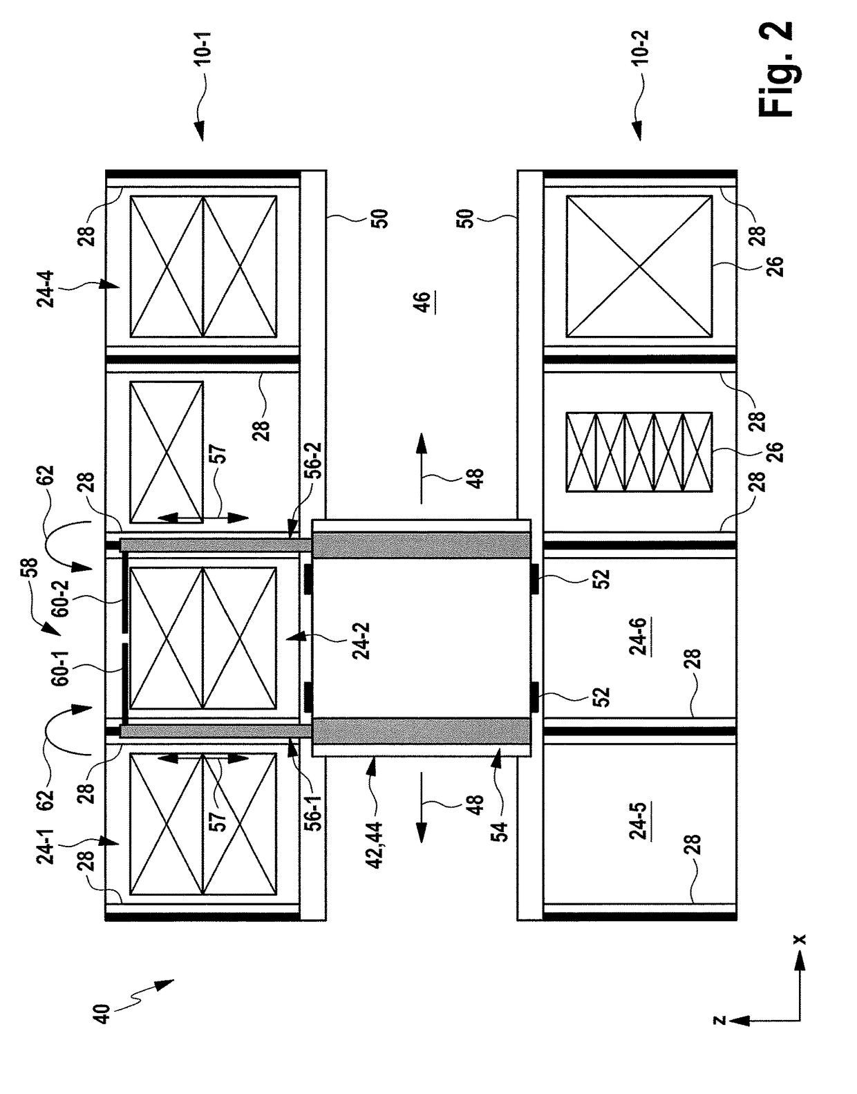 System formed by shelving unit and corresponding telescopic load receiving means without width adjustment