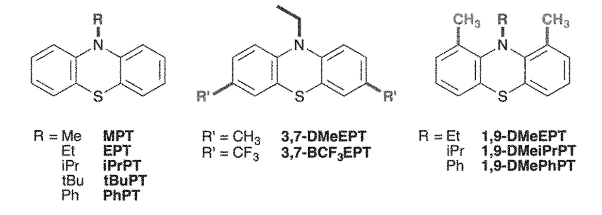 1,9,10-substituted phenathiazine derivatives with strained radical cations and use thereof