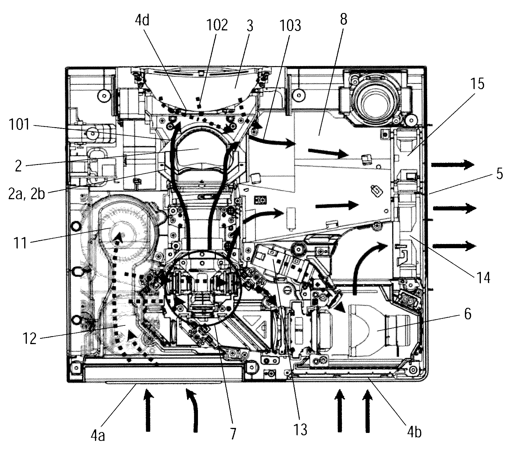 Projection image displaying device with openings around its projection lens and mirror