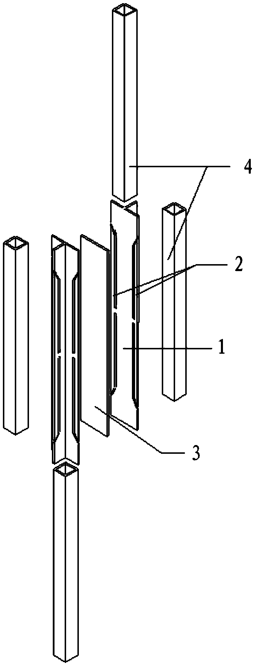 Self-spacing double-T-shaped core-steel tube restriction anti-buckling support