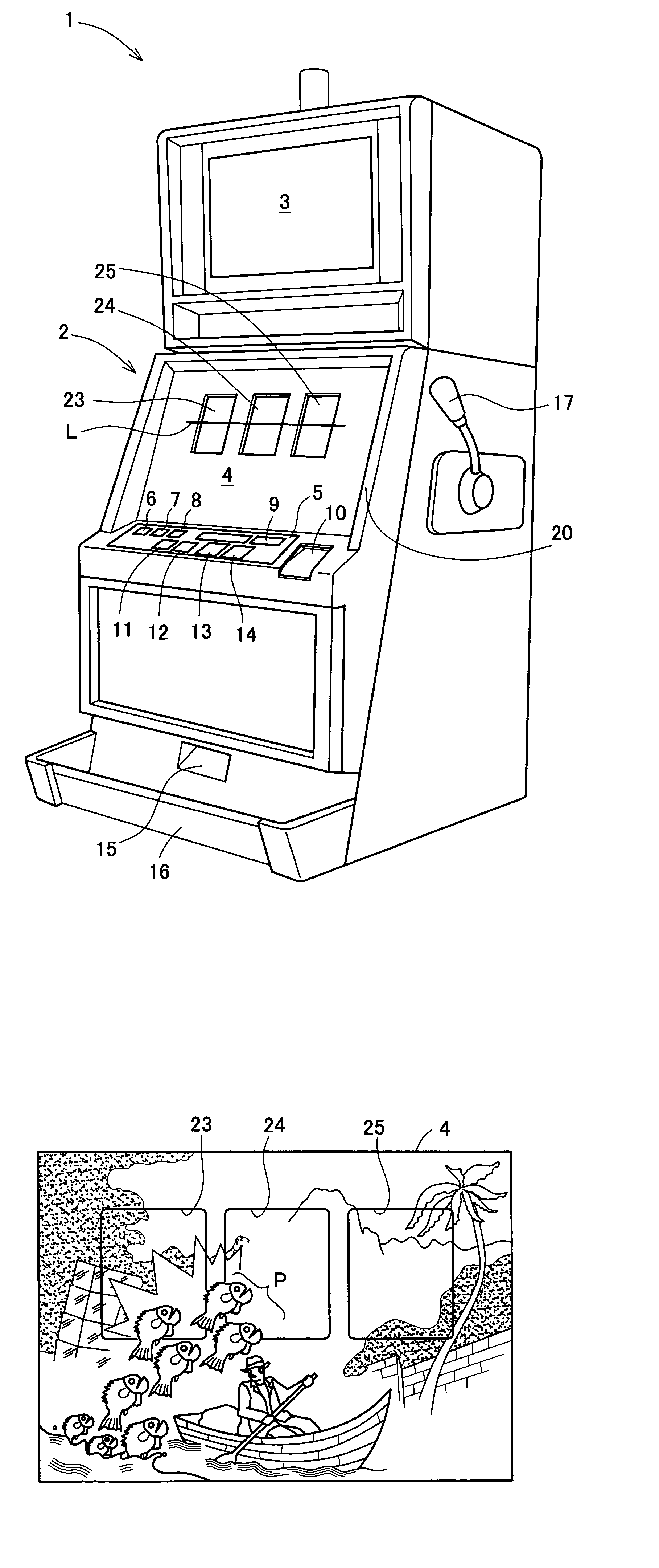 Gaming machine with reels and display device displaying characters thereon, reels being seen through display device