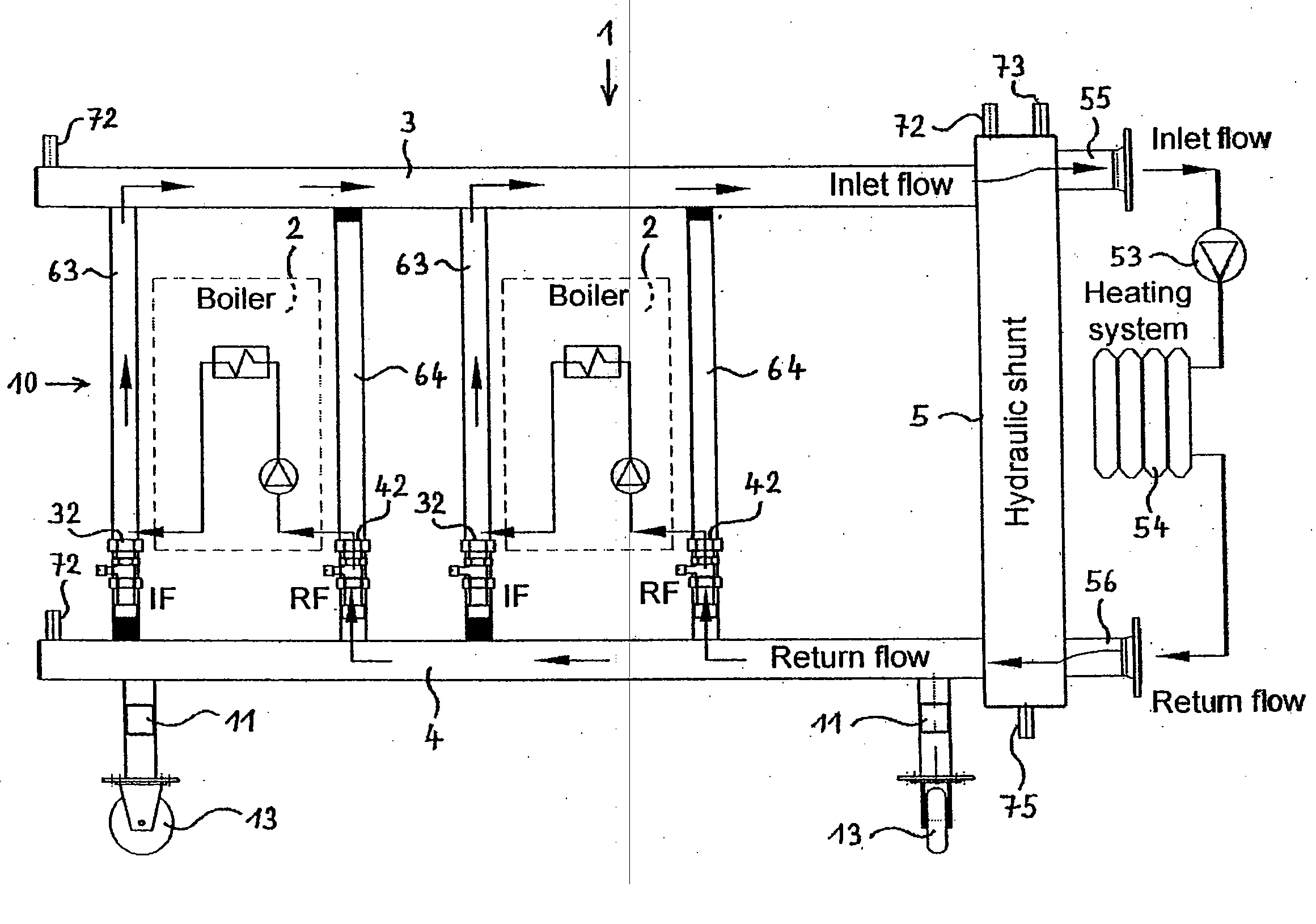 Cascade unit for a heating system with two or more heating boilers