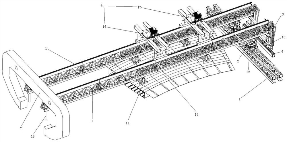 A small curve radius steel box girder bridge erecting machine and erection construction method