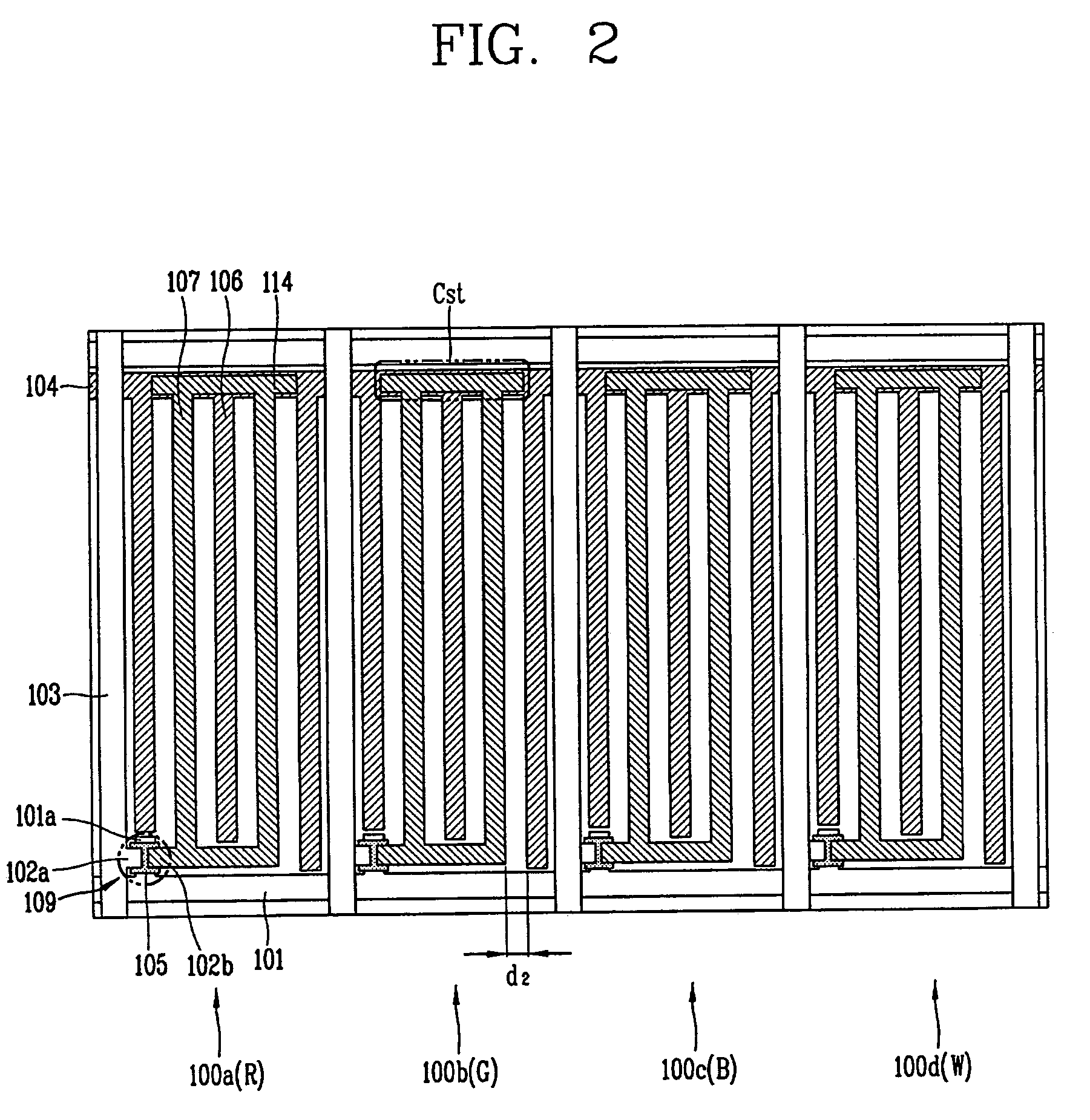 In Plane switching mode liquid crystal display device including 4 sub-pixels having different areas and fabrication method thereof