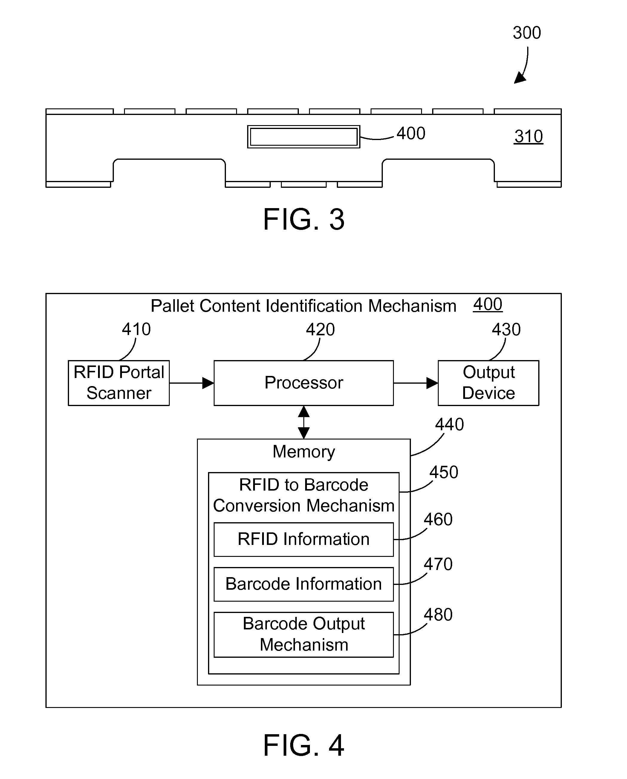 Pallet content identification mechanism that converts RFID information to corresponding barcode information