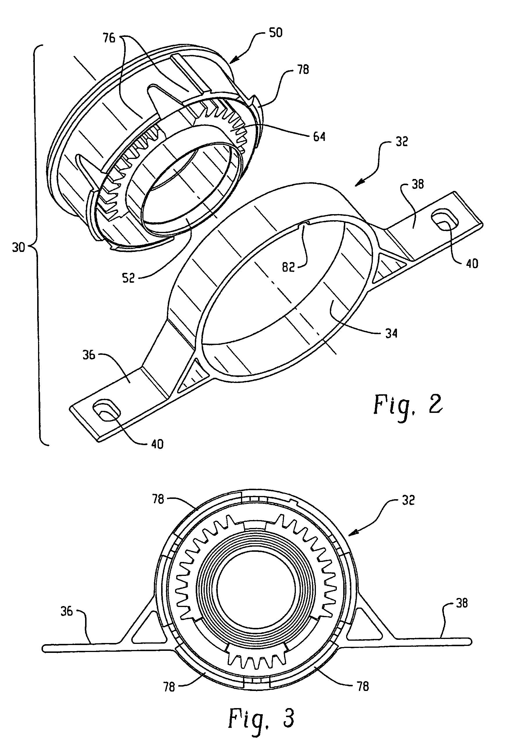 Plastic quick-snap centerbearing isolator mount and method of manufacturing and assembling same