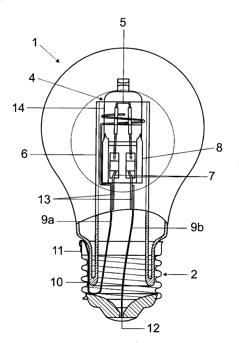 Electric lamp with an outer vessel and a built-in lamp and method for production of same