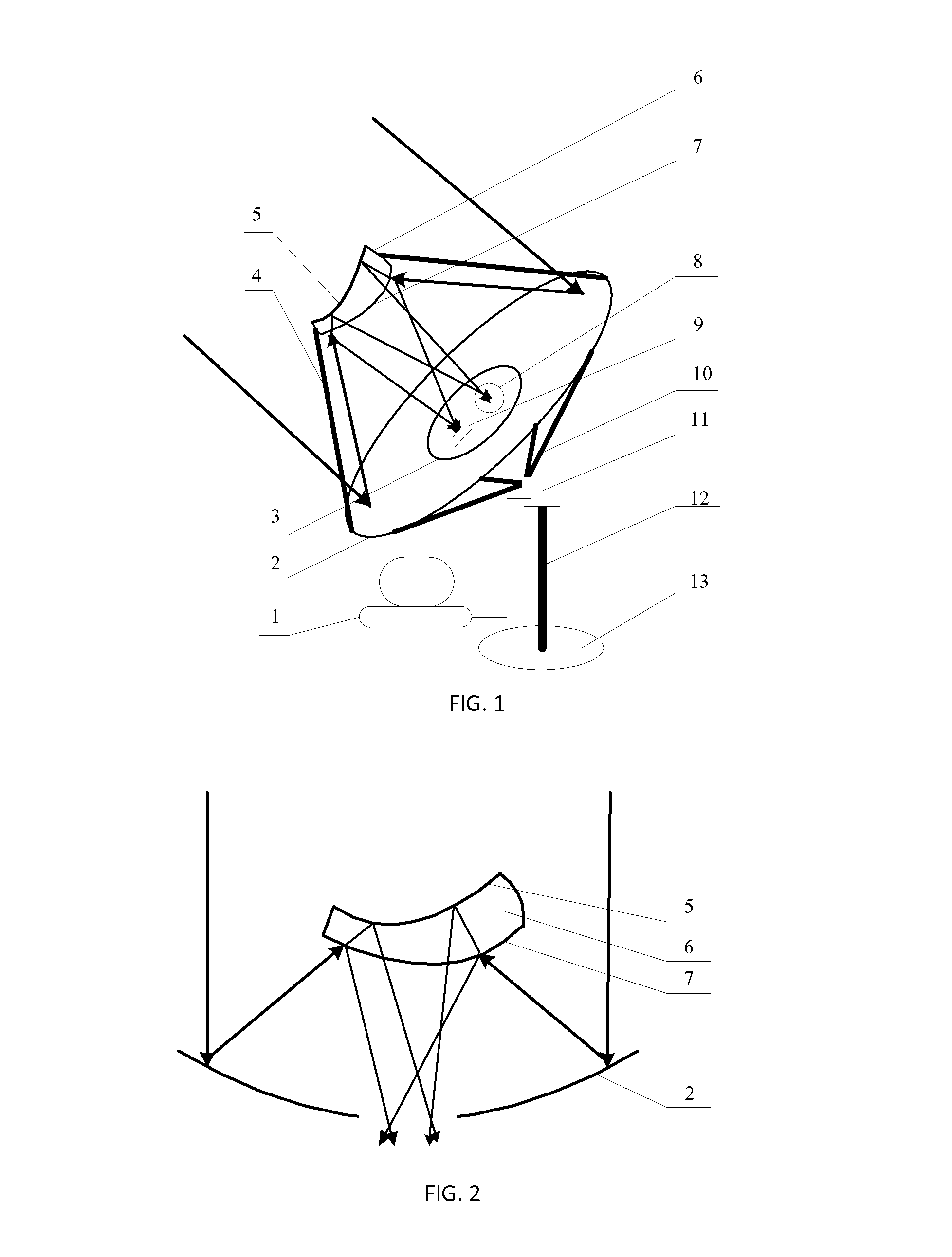 Method and device for two-stage solar concentration and spectrum splitting based on dish concentration