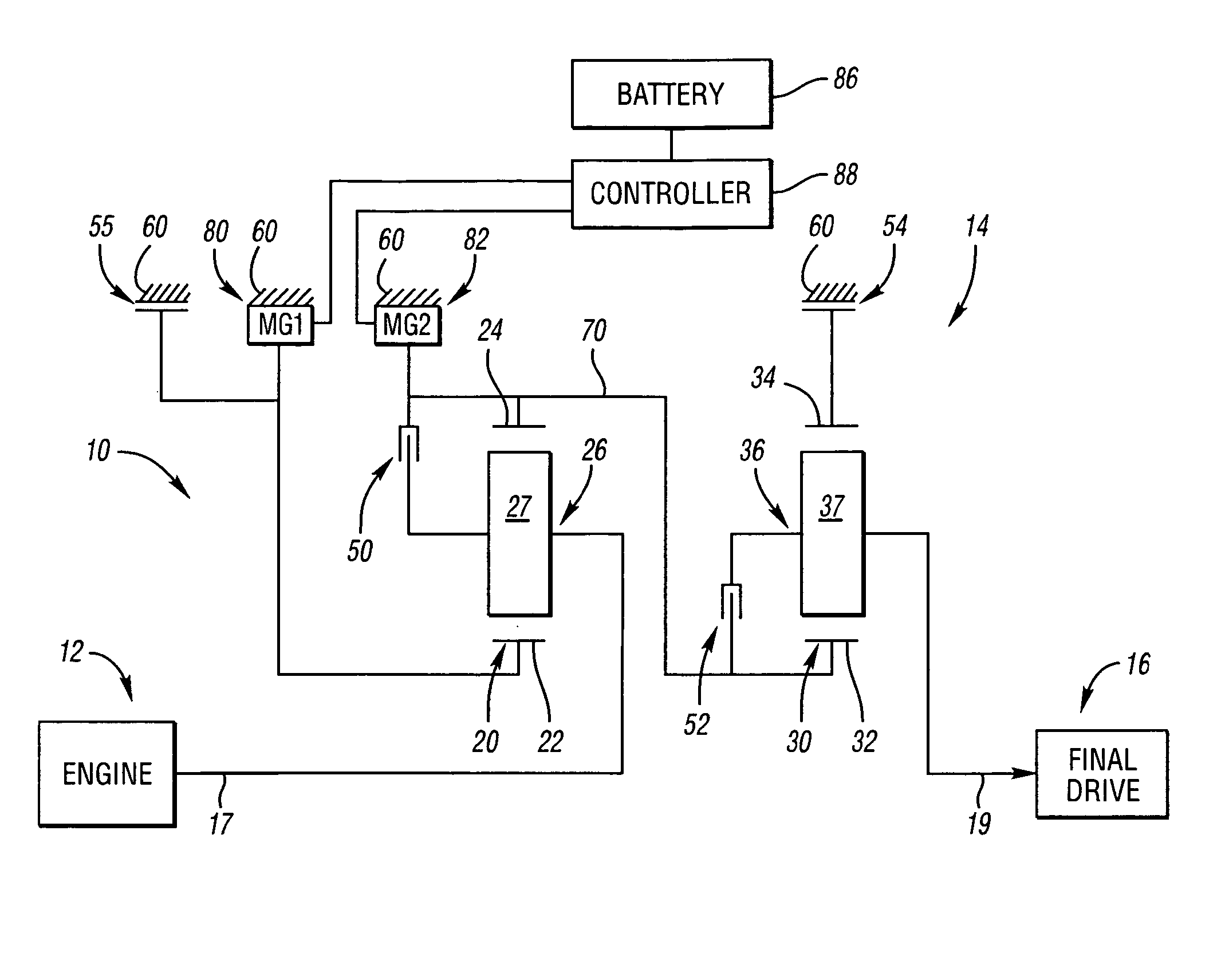 Electrically variable transmission having two planetary gear sets with one fixed interconnection