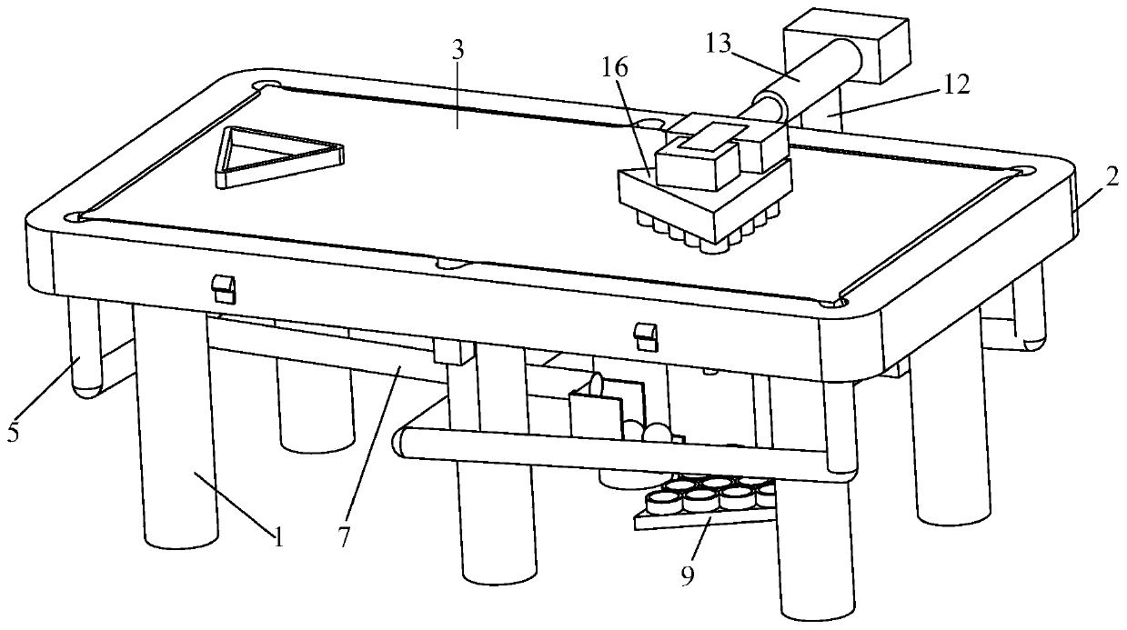 A billiard table with automatic swinging ball device