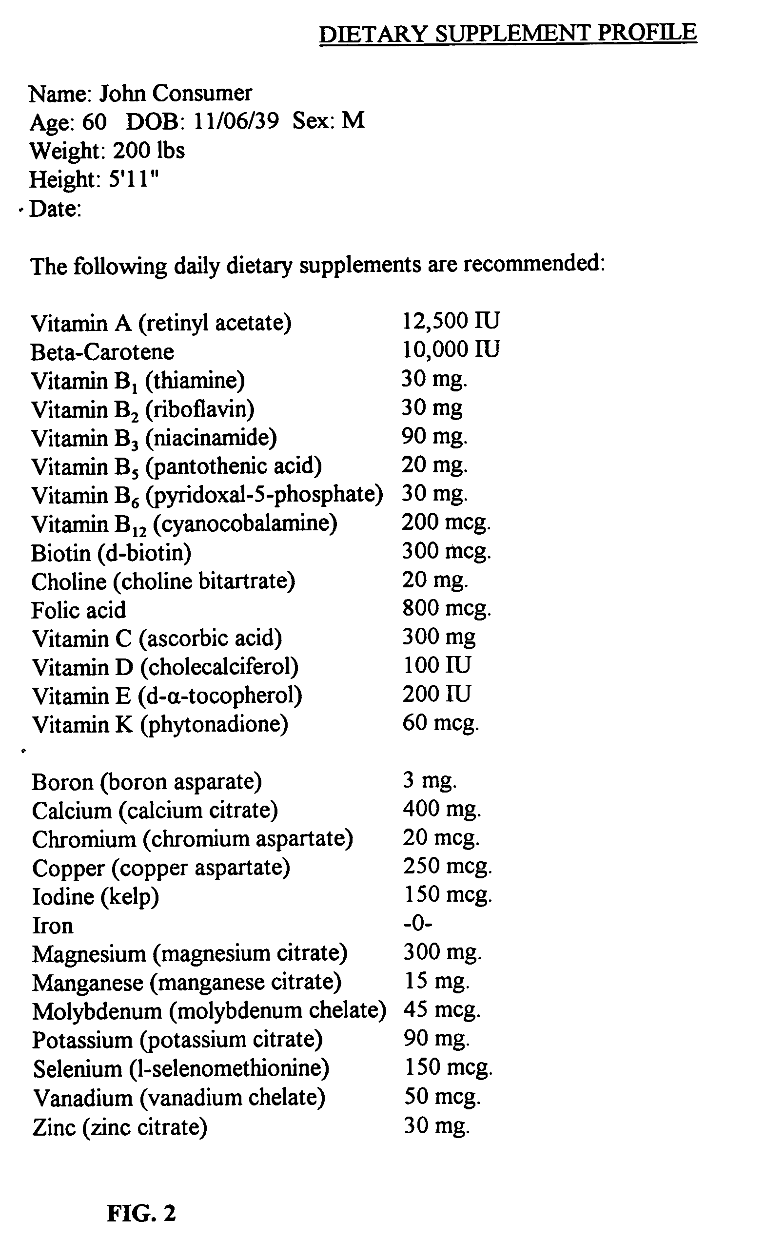 Method/process of determining a personal dietary supplement profile and recommending dietary supplements for an individual