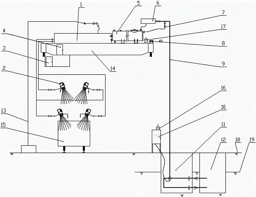 Low-temperature-resistant dust suppression system for unloading of grab bucket of traveling crane