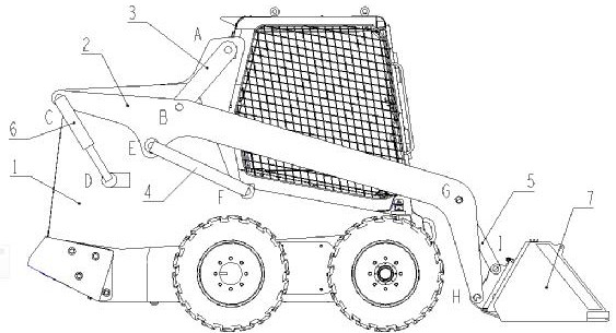 Four-connecting-rod two-oil-cylinder single-side movable arm structure of skid steer loader and lifting method