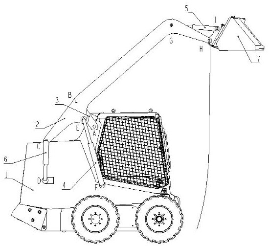 Four-connecting-rod two-oil-cylinder single-side movable arm structure of skid steer loader and lifting method