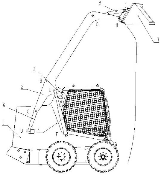 Four-connecting-rod two-oil-cylinder single-side movable arm structure of skid steer loader and lifting method