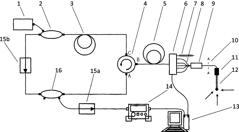 Five-core fiber grating probe micro-scale measurement device and method based on optical fiber ring-shaped laser