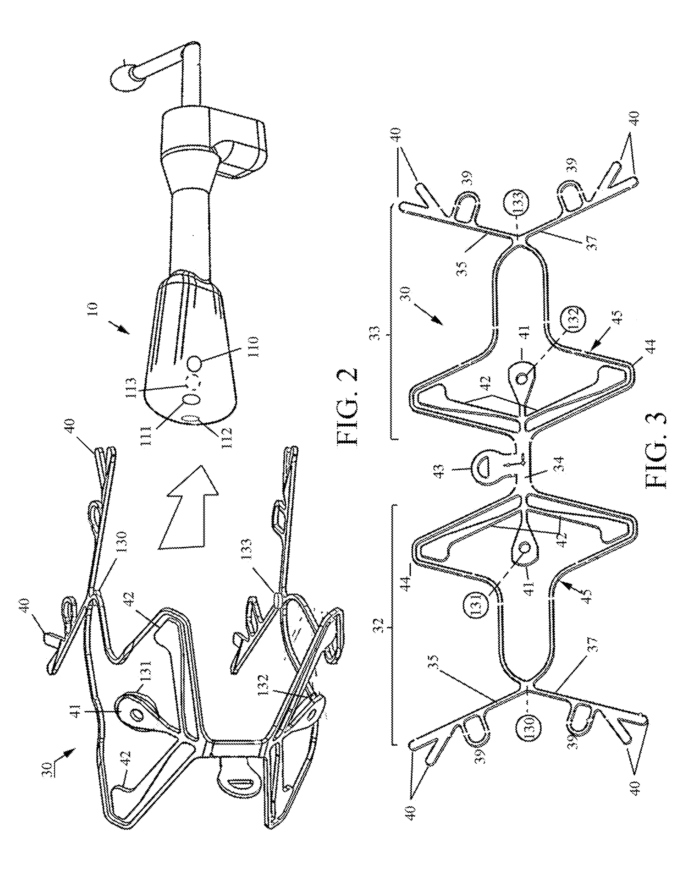 Endoscopic mesh delivery system with integral mesh stabilizer and vaginal probe