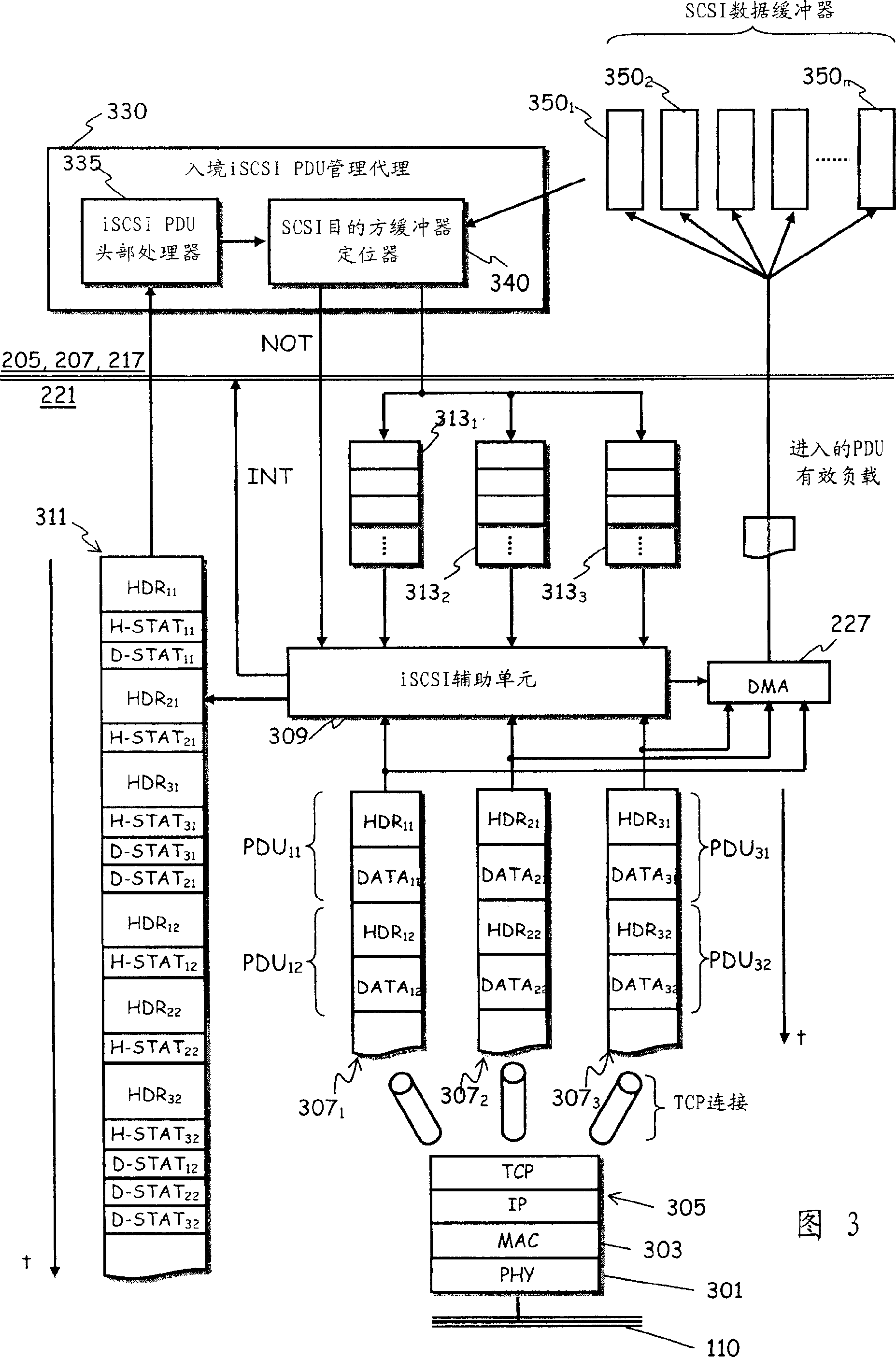 Method of offloading iscsi tcp/ip processing from a host processing unit, and related iscsi tcp/ip offload engine