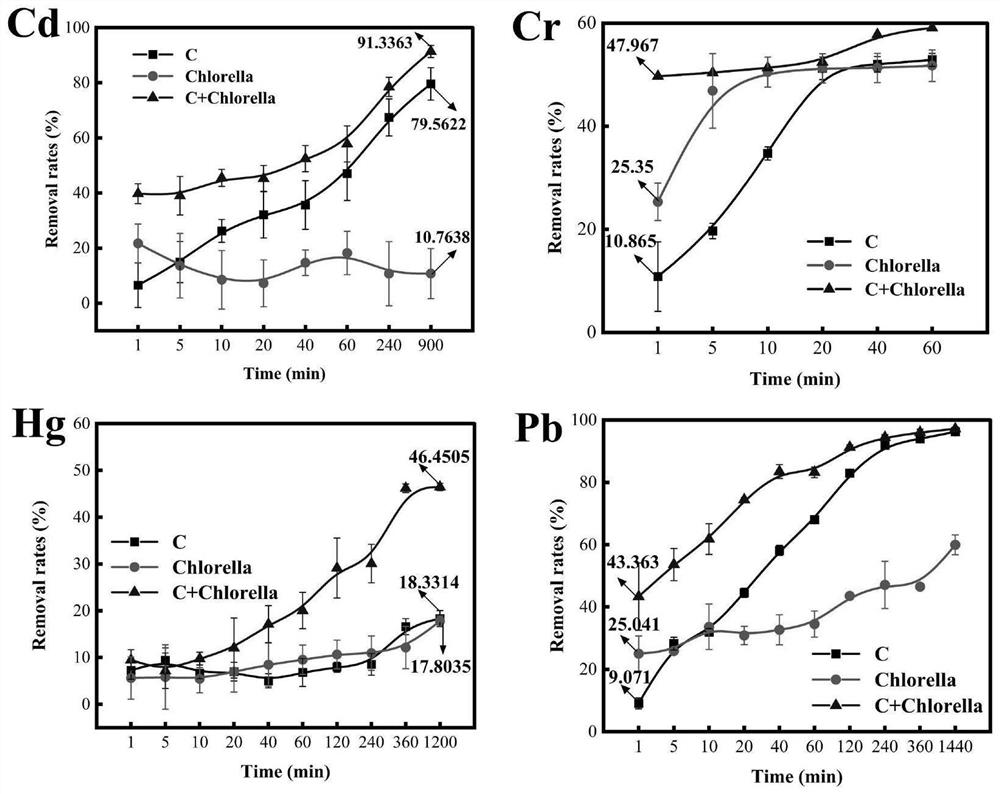 Novel chlorella-loaded coconut shell activated carbon adsorbent as well as preparation method and application thereof