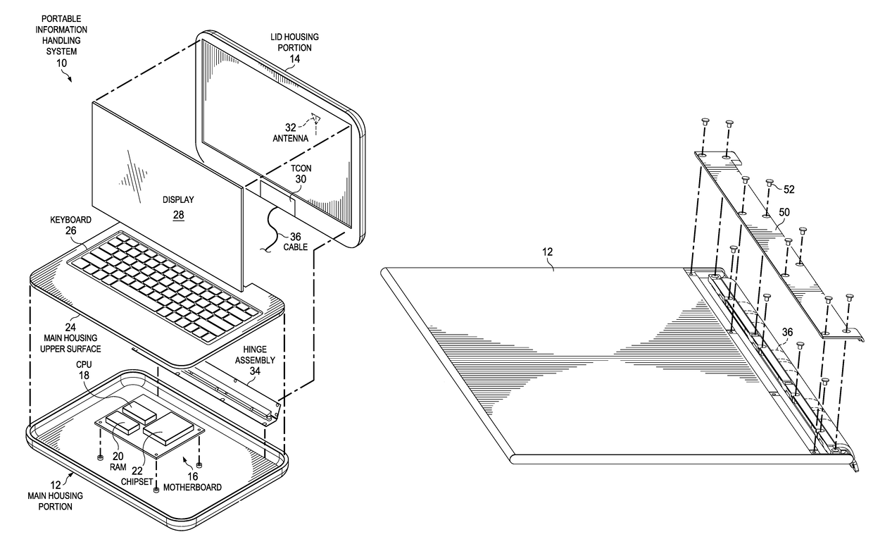 Information handling system low profile housing and hinge assembly