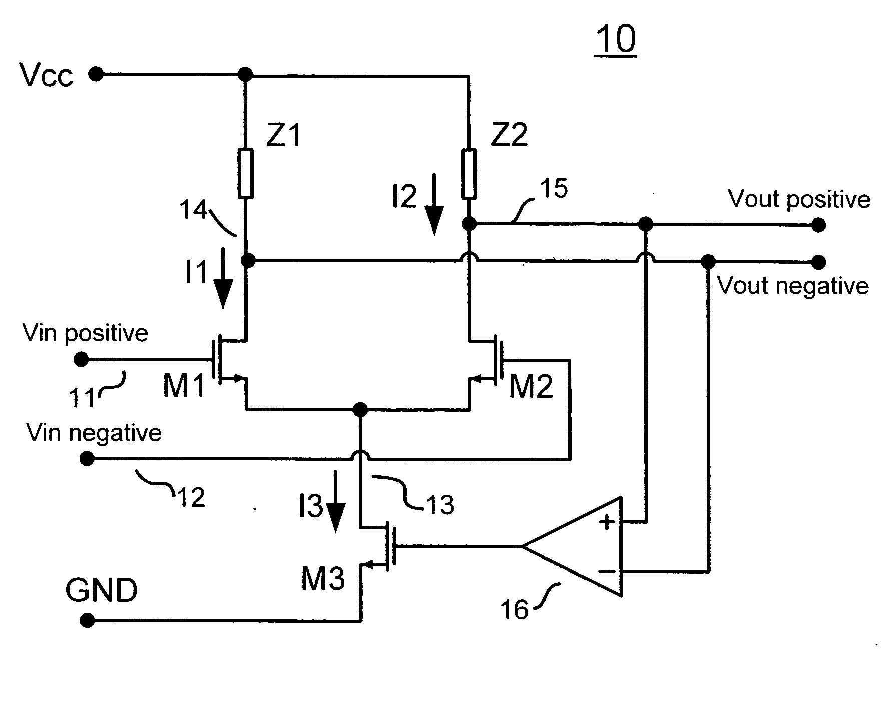 Differential amplifier with current source controlled through differential feedback