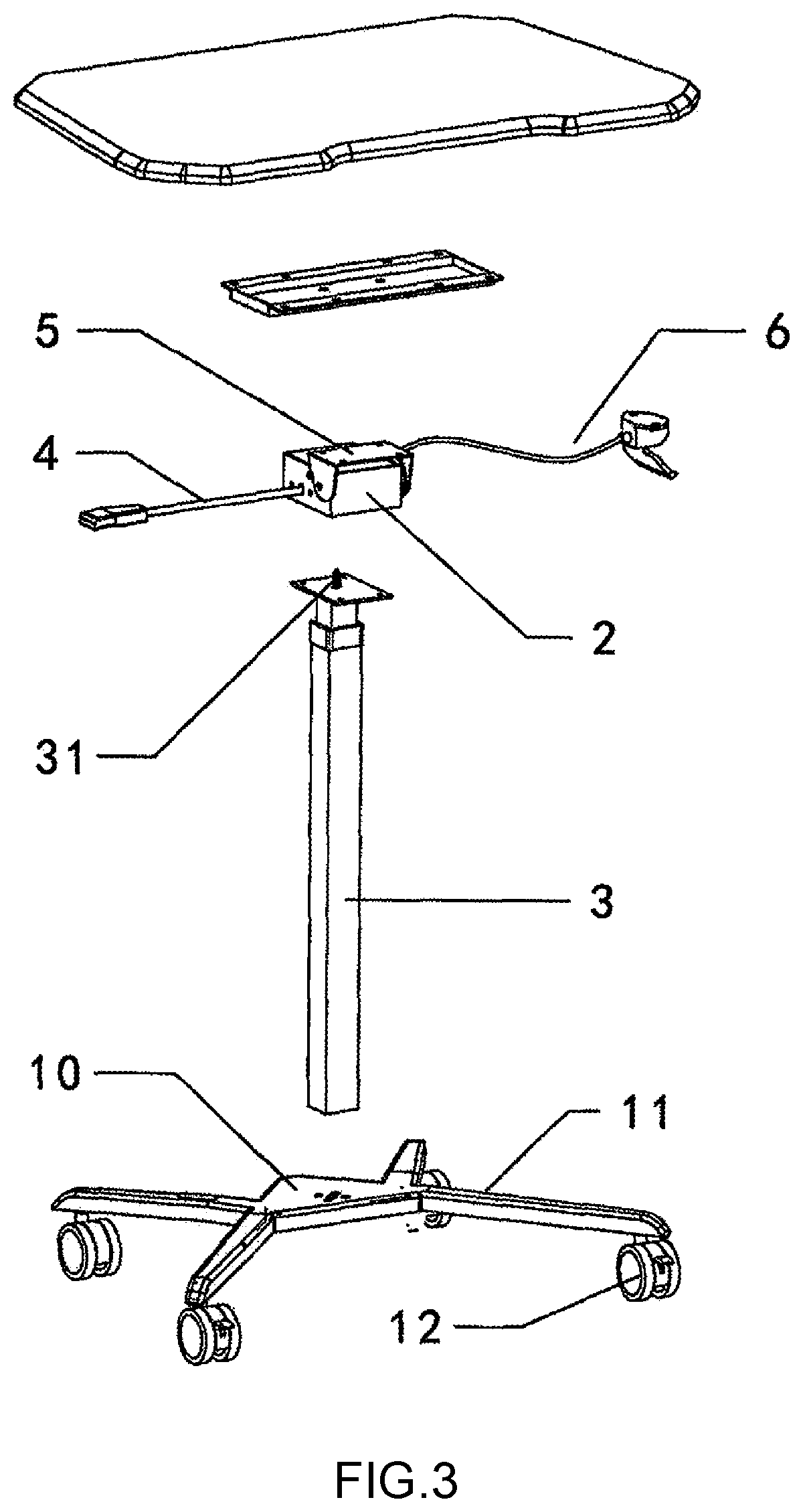 Adjustment device that controls a tilting angle of a table top