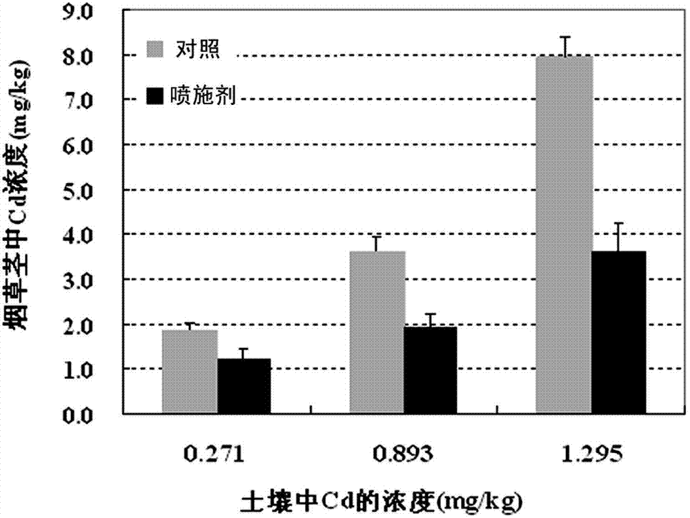 Spraying agent for reducing cadmium absorption of tobacco in soil, and preparation and use methods thereof