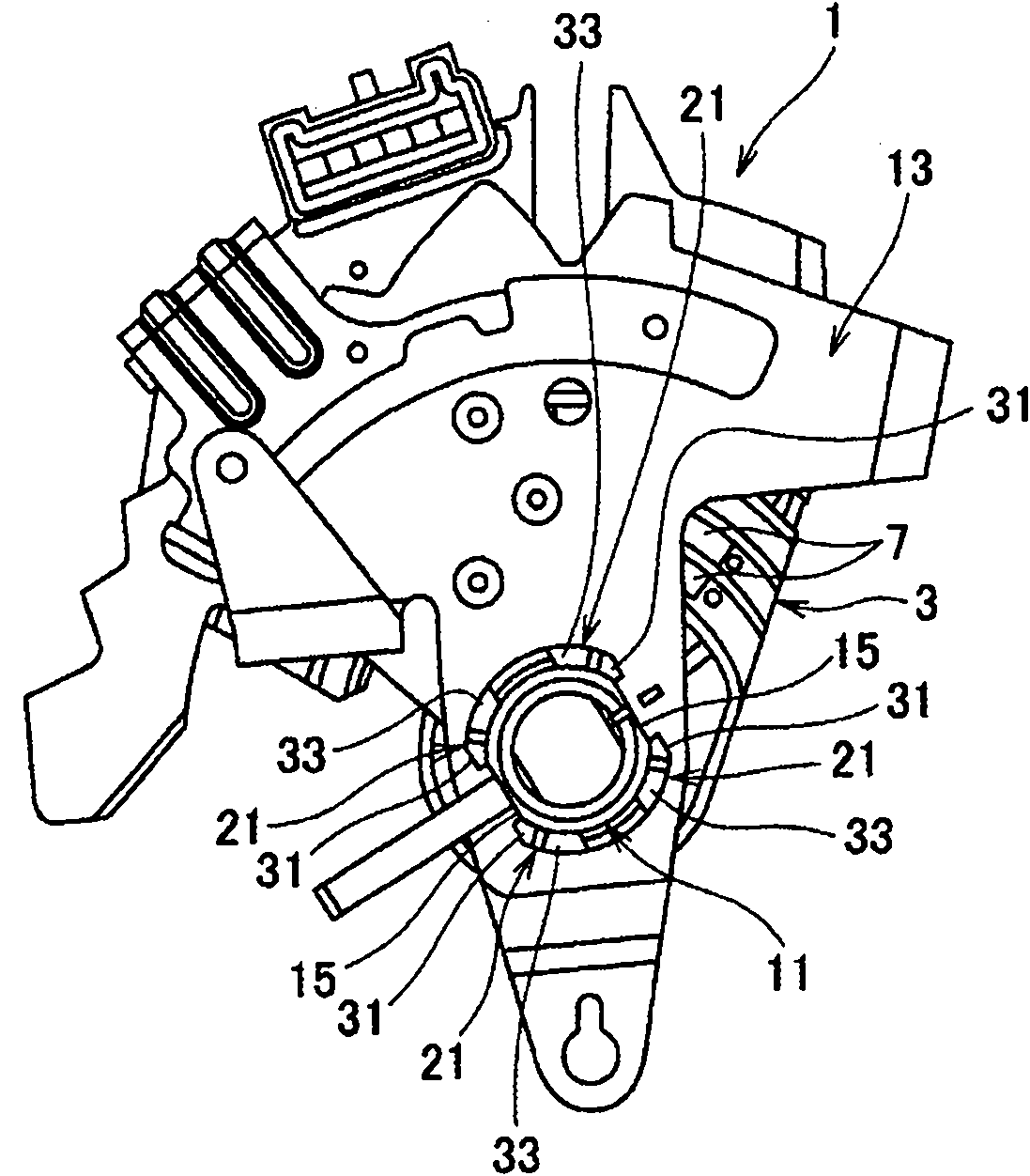 Caulking coupling device, switch and transmission switch