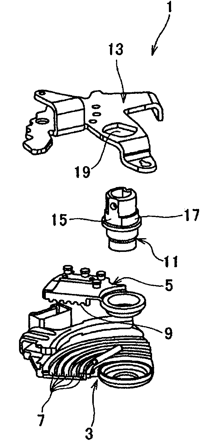 Caulking coupling device, switch and transmission switch