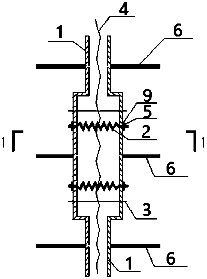 Inter-building joint buffering force transmitting box and installing method thereof