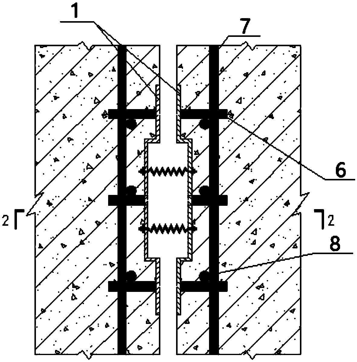 Inter-building joint buffering force transmitting box and installing method thereof