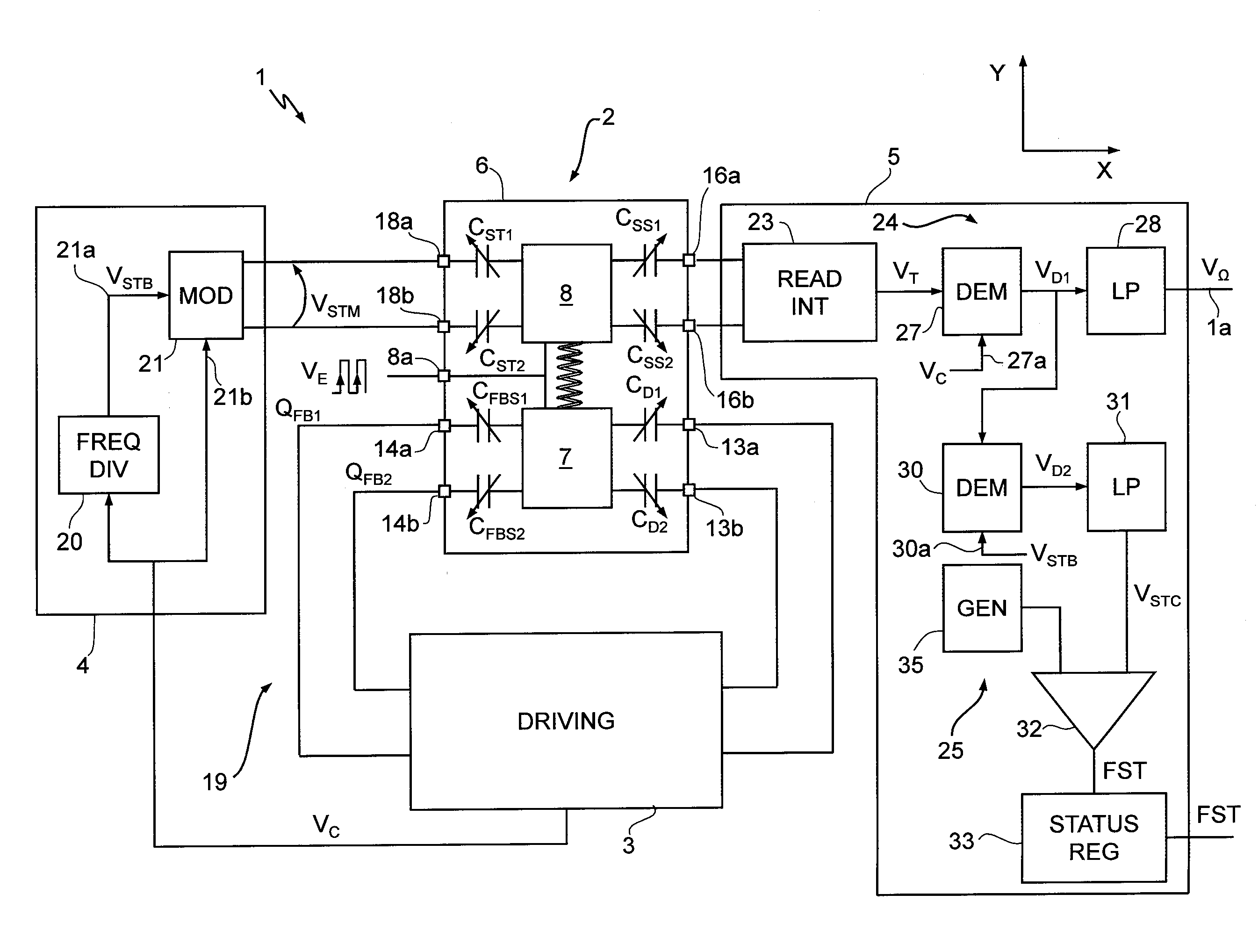 Microelectromechanical gyroscope with continuous self-test function, and method for controlling a microelectromechanical gyroscope