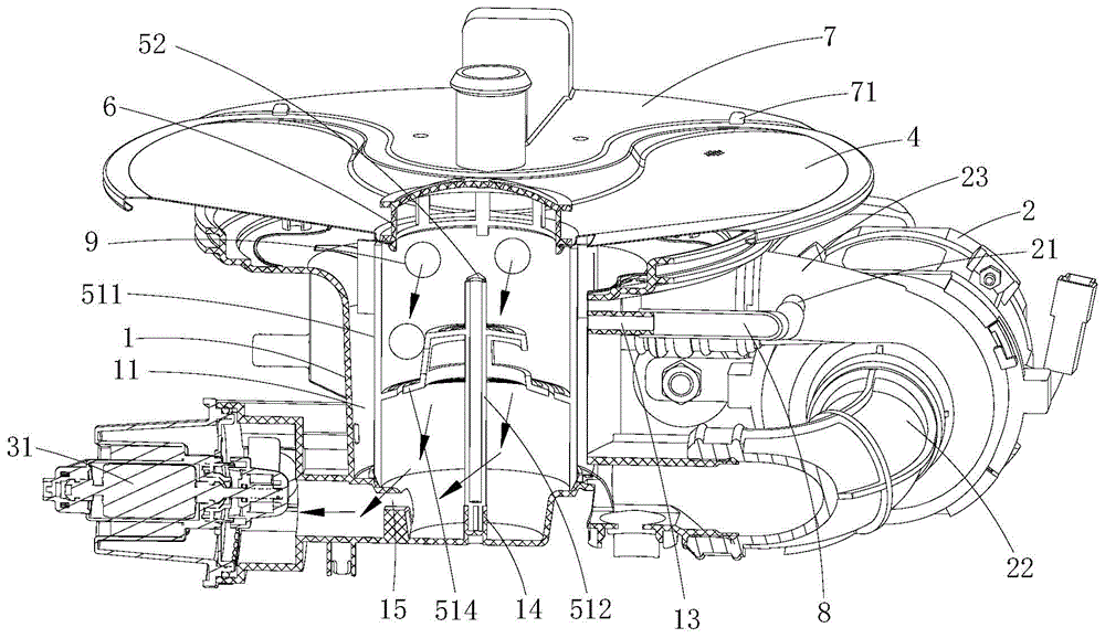 Disintegrating slag self-cleaning and filtering system for dish washing machine and dish washing machine