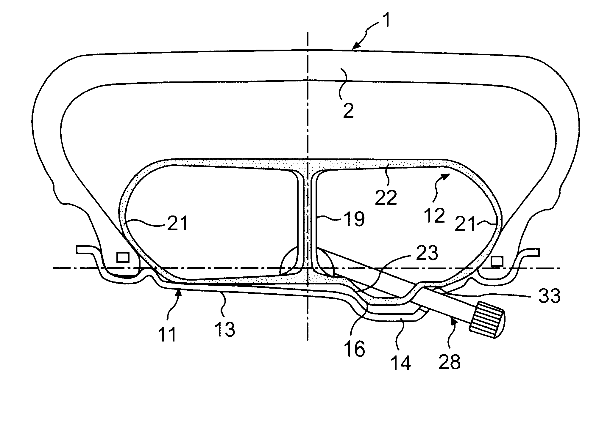 Low-section tire and mould and process for manufacturing a tire air tube