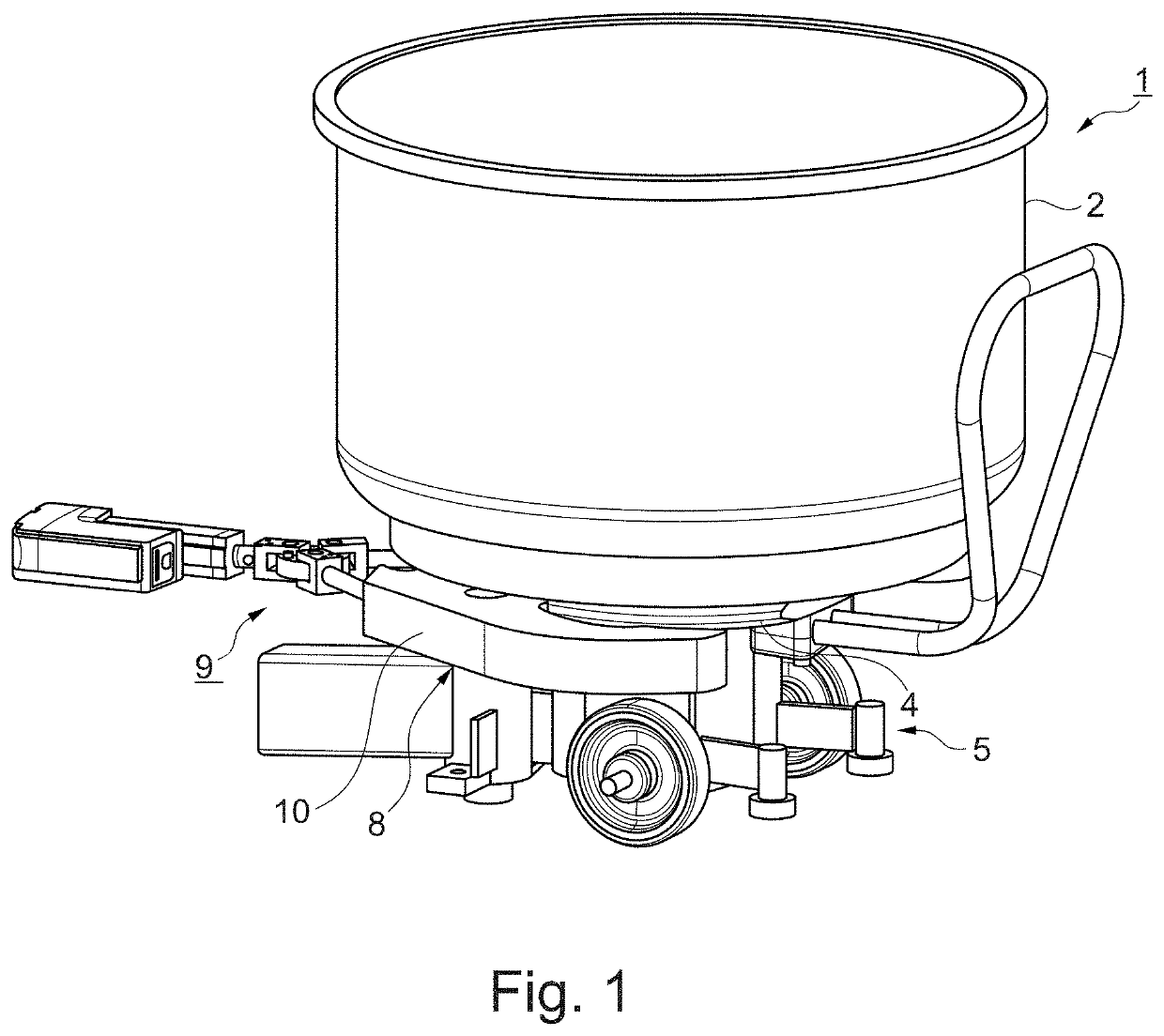 Kneading machine having a tongs locking mechanism for fixing a bowl trolley