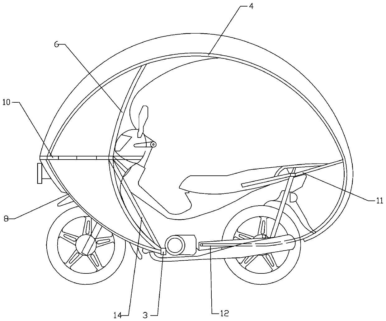 Independent safety frame for semi-enclosed body shell of two-wheeled motor vehicle