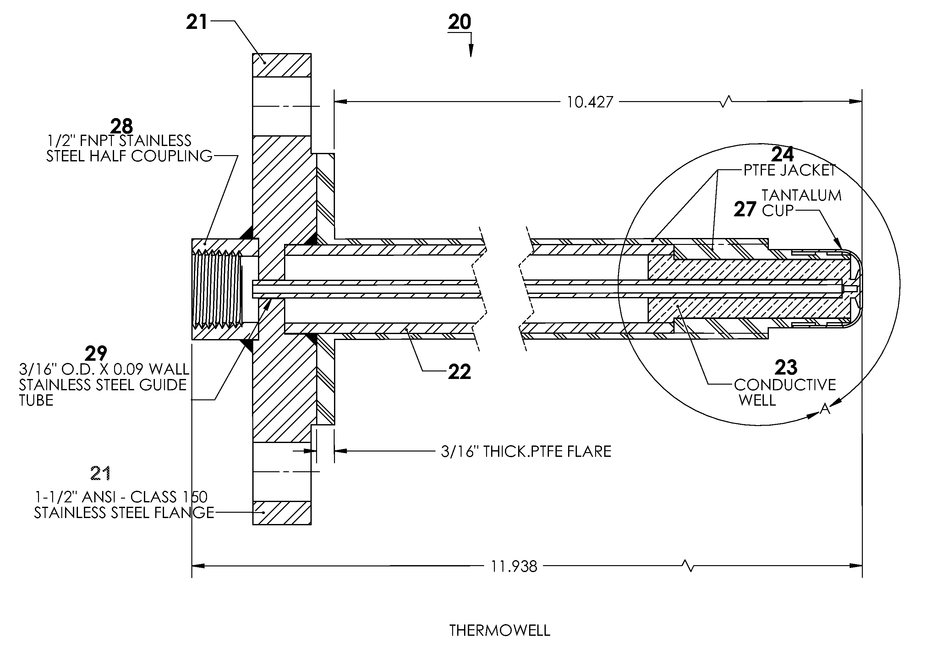 PTFE jacketed tantalum tipped thermowell