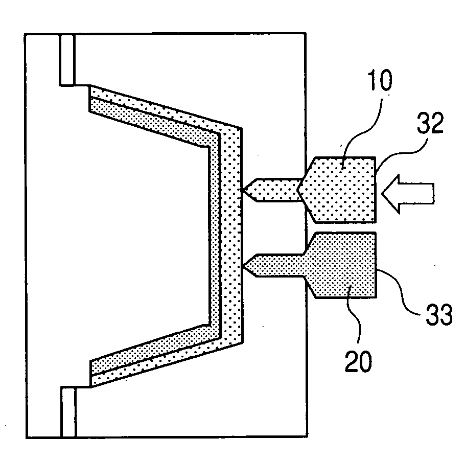 Multilayer injection compression molding method using recycled material, and molded product molded through the same