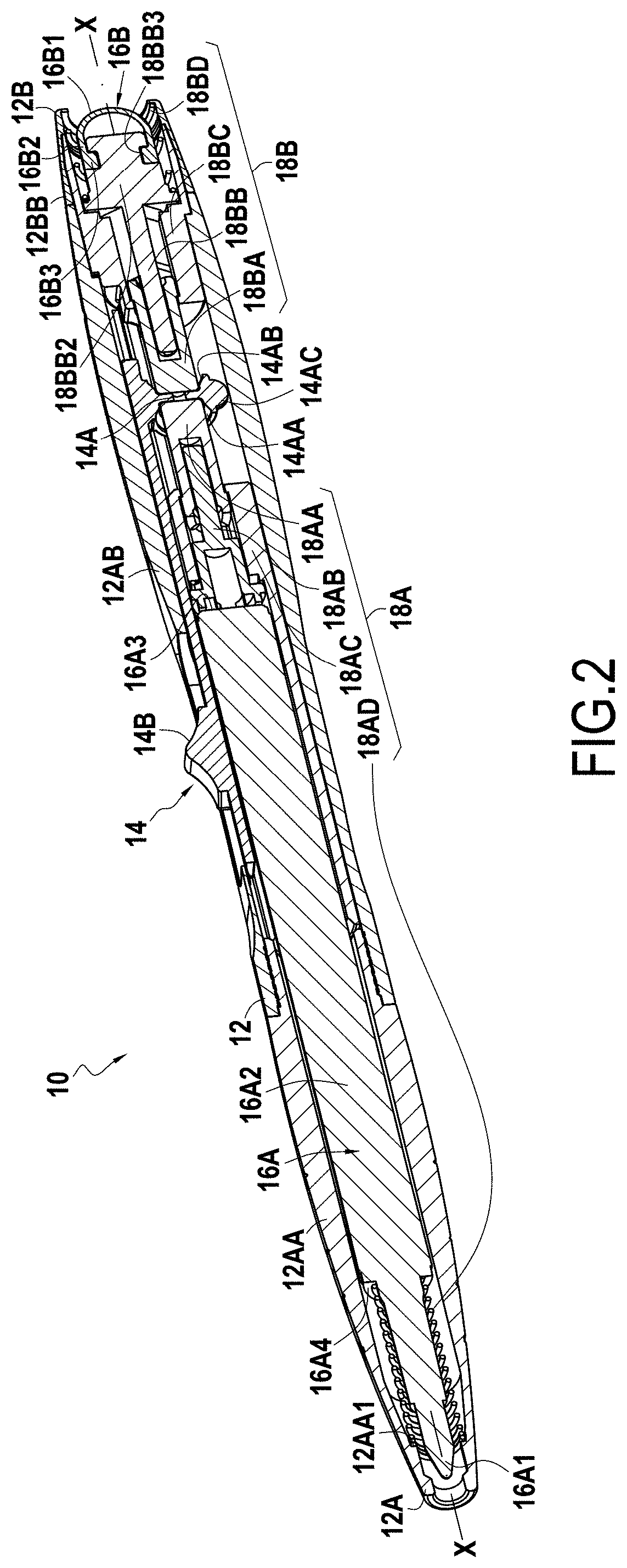 Hand held device having two heads that are retractable by means of a single button