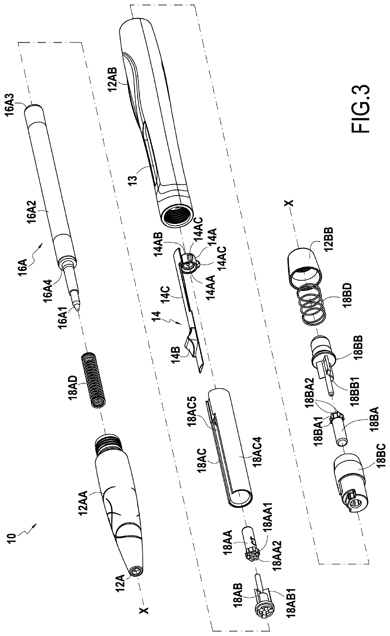 Hand held device having two heads that are retractable by means of a single button