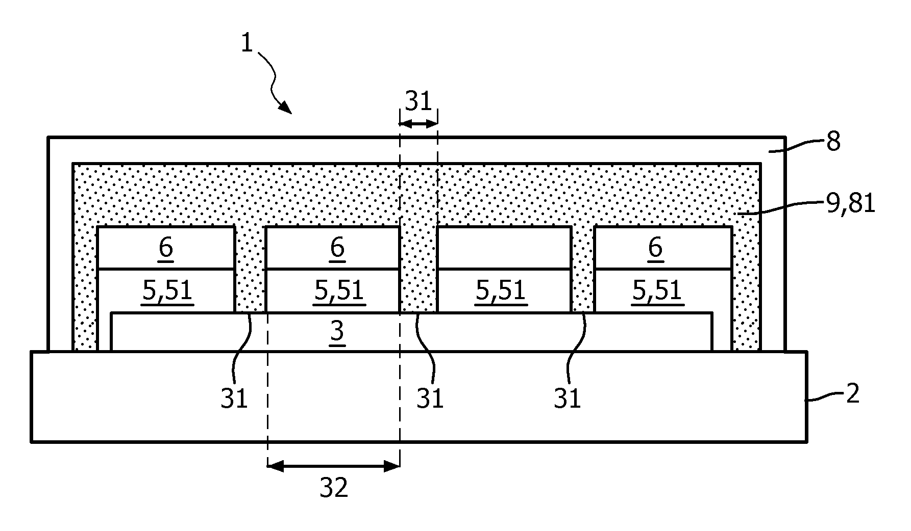 Structuring of OLEDs using stack modification layer comprising perfluorinated vacuum grease and/or perfluorinated vacuum pump oil