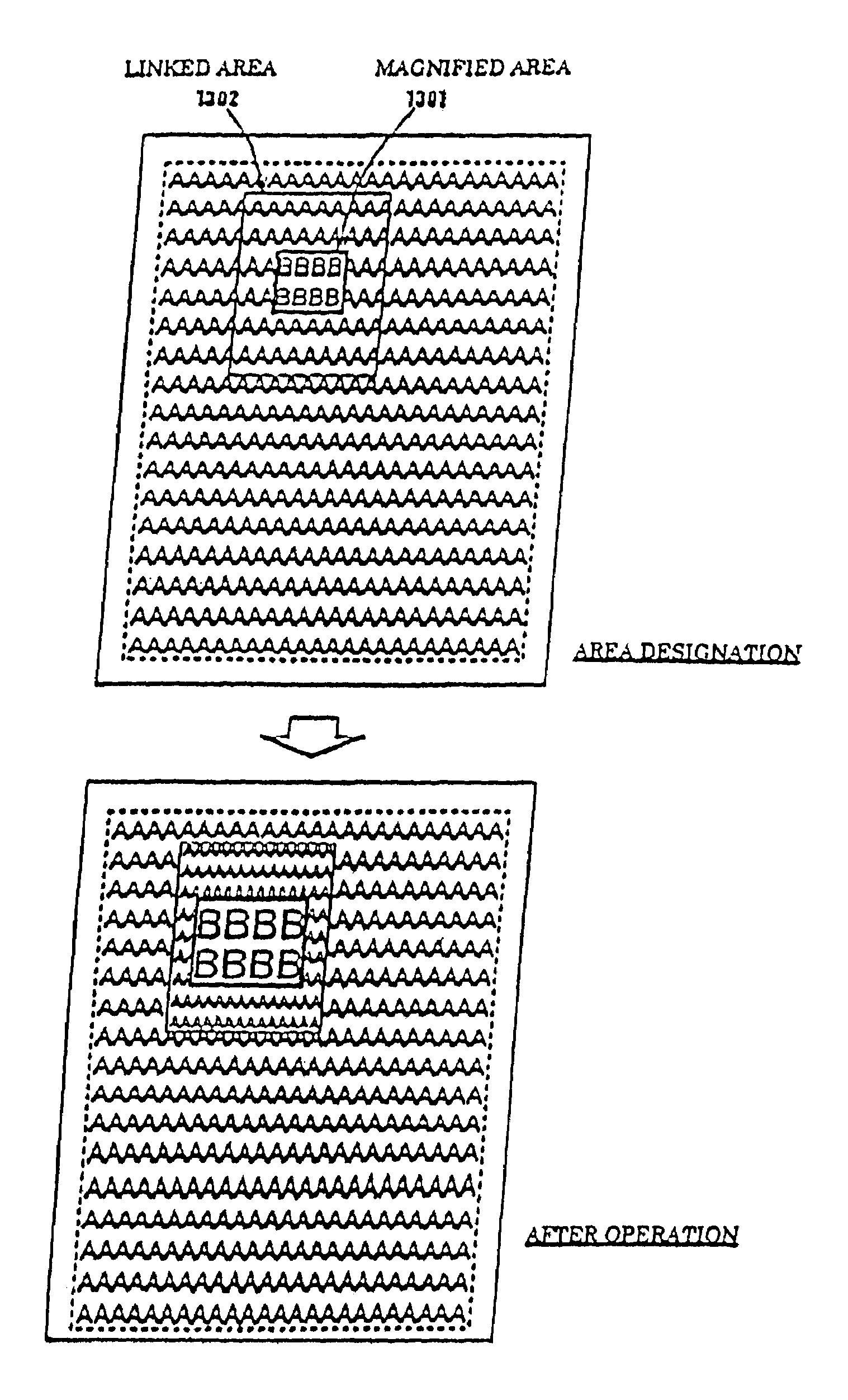 Method of displaying magnified and reduced areas and apparatus thereof