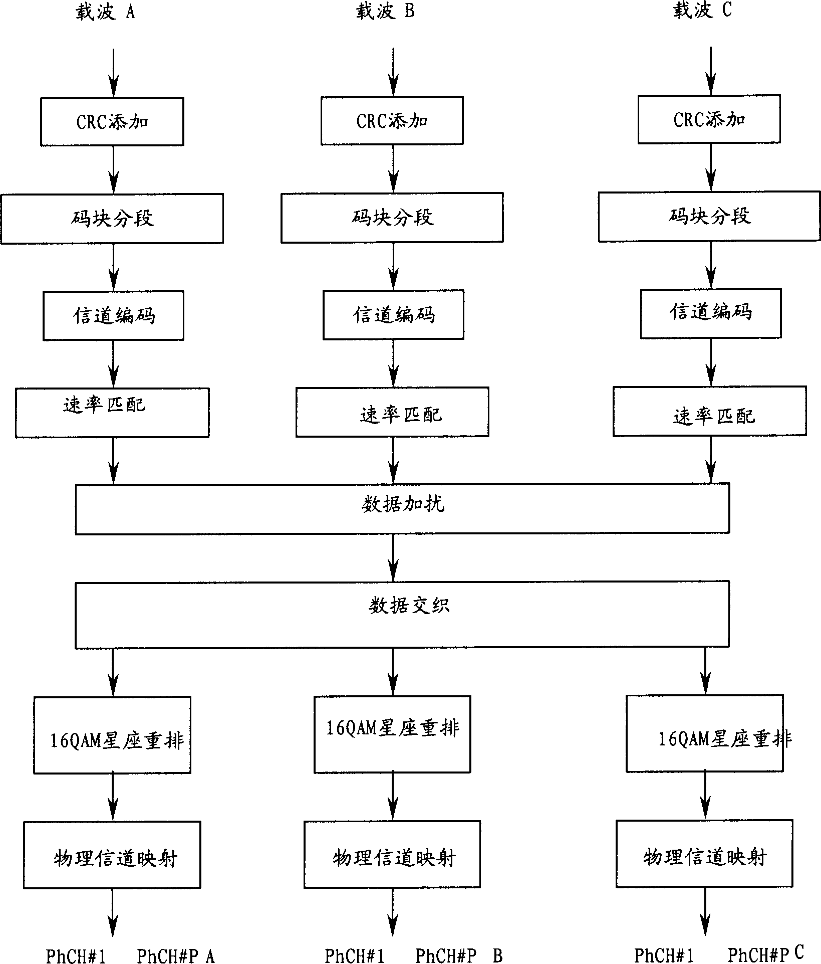 Multi-carrier-wave IISDPA business trans mission channel code processing method and coding apparatus