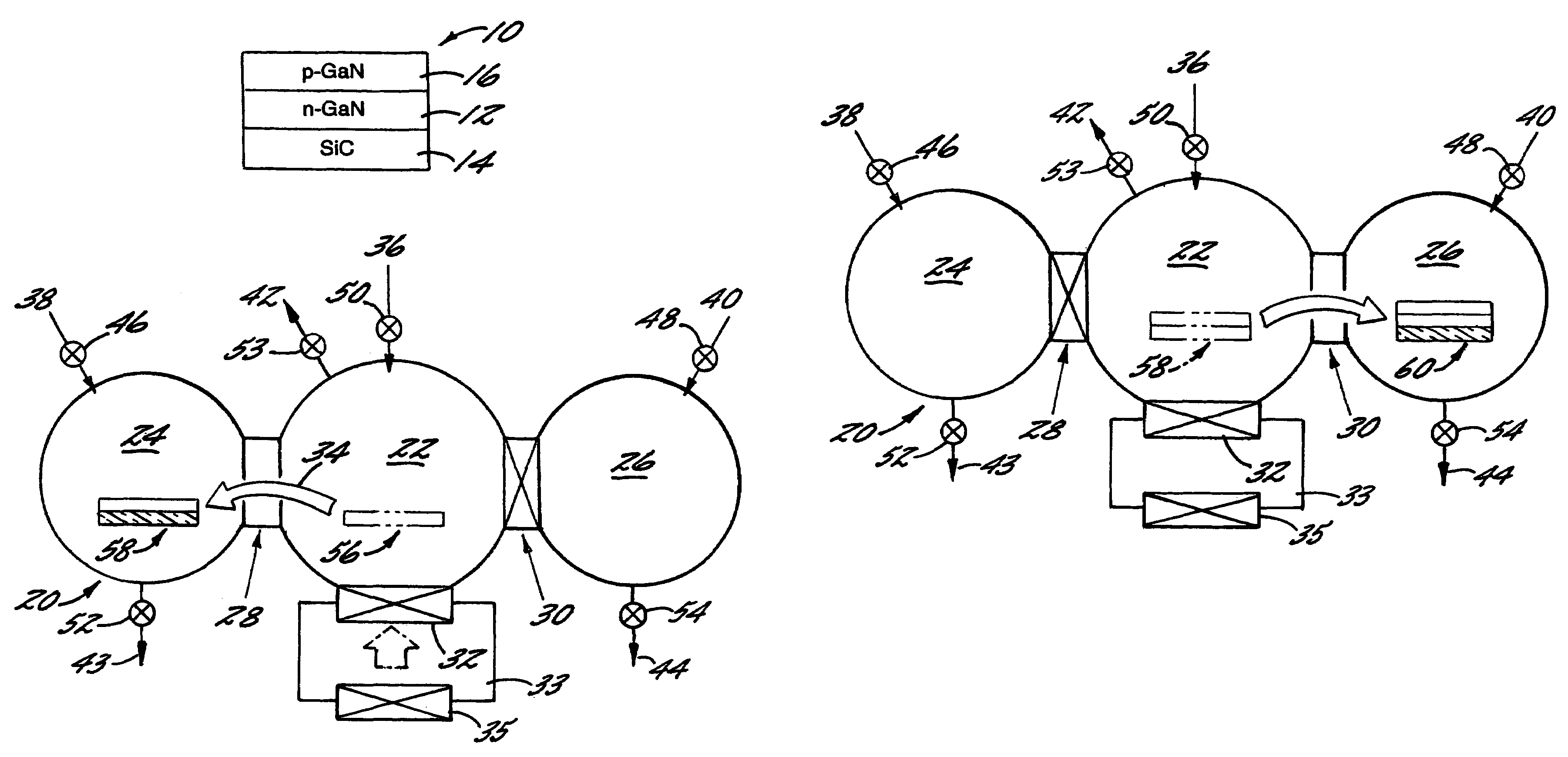 Multi-chamber MOCVD growth apparatus for high performance/high throughput