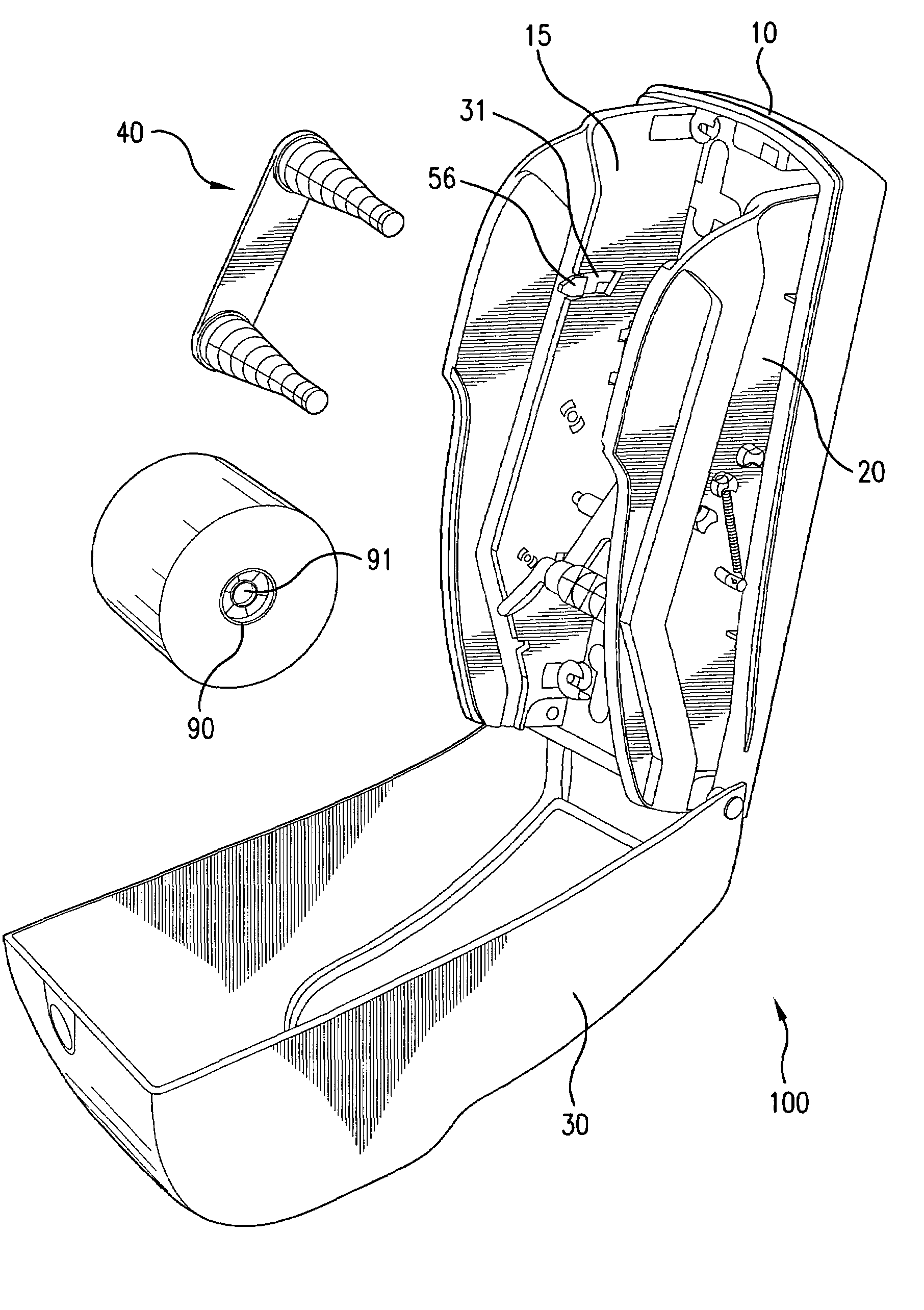 Dispenser that automatically transfers rolls of absorbent material, method of reloading same, and rolls of absorbent material for use in same